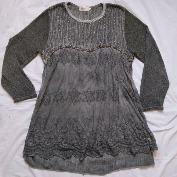 Simply Couture Top Tunic Gray Long Sleeve Lagenlook Shabby Cottage Womens 2XL - Picture 2 of 16